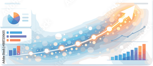 Glowing Arrow Momentum. Upward arrow path made of glowing nodes accelerating across a minimalist dashboard, soft bokeh sparkles