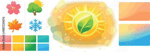 Seasonal Branding Moodboard. Brand identity moodboard with seasonal icon set, color swatch blocks, and a glowing sun-leaf emblem,