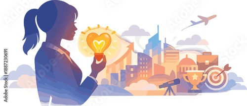 Inspiring Women Innovation. Professional woman silhouette holding a glowing lightbulb-heart idea badge, abstract city and career