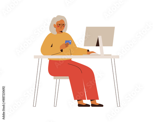 Senior woman paying by credit or debit card in the Internet. Grandmother buying online food or goods. web shopping concept. Vector illustration