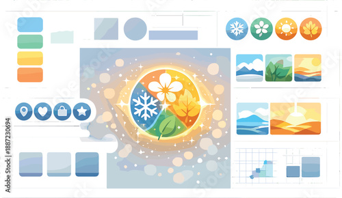Seasonal Branding Concept. Brand guidelines board concept with layout grid, icon consistency chips, and a glowing seasonal mark at