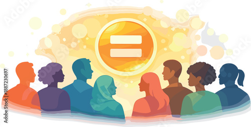 Unified for Equality. Diverse women and men silhouettes standing together in a unified arc around a glowing equal-sign badge,