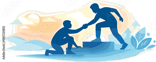 Empowerment Through Elevation. Helping scene with one silhouette lifting another up a small step, subtle glow halo and airy