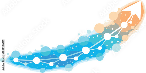Positive Momentum Vector. Glowing upward arrow formed by connected nodes, soft bokeh sparkles and wide clean negative space