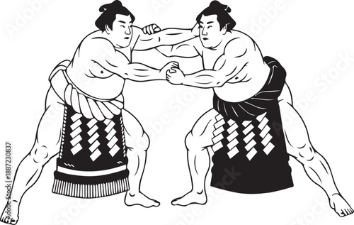 Sumo Wrestlers Illustration in Traditional Japanese Woodblock Style, Black and White Vector Art