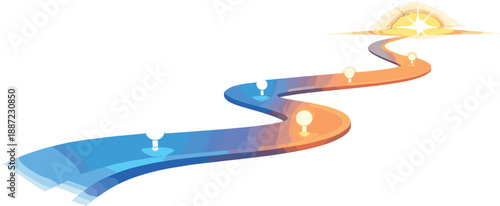 Visionary Road to Success. Horizon roadmap ribbon stretching into the distance with glowing milestone nodes and a bright star