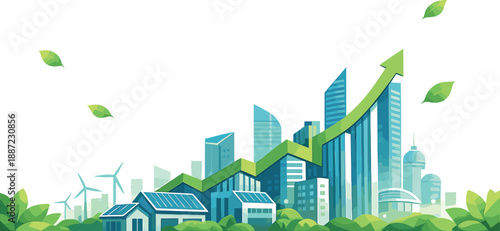 Sustainable Urban Growth. Smart city skyline with rooftop solar tiles and upward trend line integrated into buildings, leaf bokeh