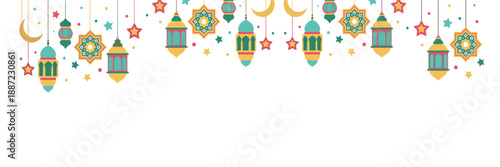 Colorful hanging Islamic decorations with lanterns, stars, and crescent moons in a flat vector illustration style.