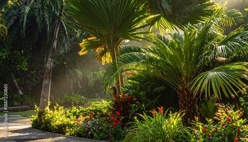 Lush tropical garden with palm trees and vibrant foliage.