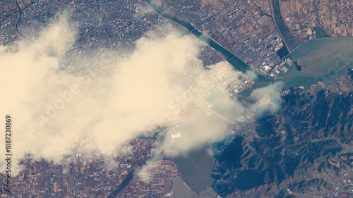 Okayama City Japan Fly Over with Moving Clouds Satellite Animation based on Nasa imagery