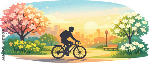 Cyclist Among Blossoms. City park scene with a person silhouette cycling past blooming trees and warm sunrise glow, pollen bokeh