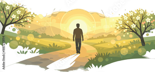 Sunrise Wellness Walk. Outdoor wellness walk with a person silhouette on a sunrise path through minimal blooming trees, pollen