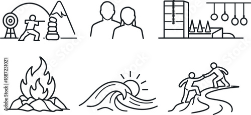 Trials and Allies Icons. Line style vector icons of trials and allies: training arc, companion silhouettes, obstacle trio set,