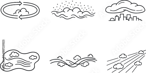 Vector Air Pollution Icons. Line style vector icons of atmospheric pollution patterns: circulating plume loop, spreading