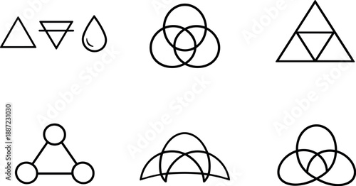 Symbolic Triad Designs. Line style vector icons of symbolic triads: three elemental symbols, tri-part unity shape, balanced triad