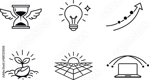 UBI Innovation Icons. Line style vector icons of UBI-driven innovation: liberated time symbol, creativity spark, skill-growth