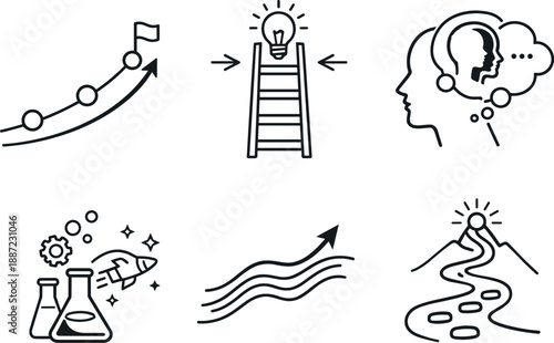 Growth Icon Set. Line style vector icons of personal growth in creative society: learning curve arc, skill-expansion ladder,