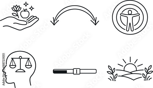 Psychological Abundance Icons. Line style vector icons of psychological adaptation to abundance: open-hand plenty symbol, easing
