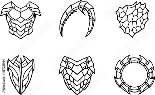 Mantis-Inspired Armor Design. Line style vector icons of mantis-inspired armor design: segmented protective plate, curved