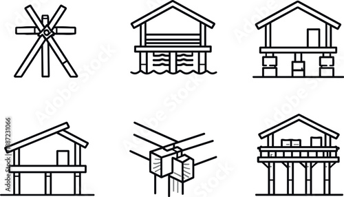 Traditional Stilt Architecture. Line style vector icons of traditional stilt-building techniques: interlocking support poles,