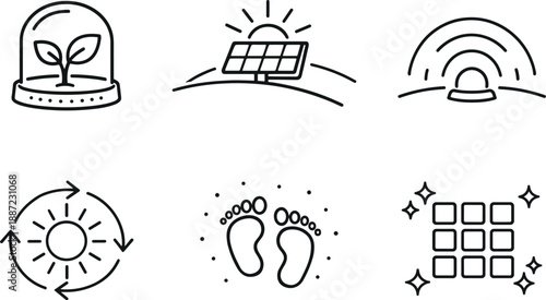 Sustainable Glow Technology Icons. Line style vector icons of sustainable glow technology: biosafe enclosure, light-harvest