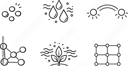 Chemical Messaging Icons. Line style vector icons of low-bandwidth chemical messaging: minimal-signal particle set, encoded scent