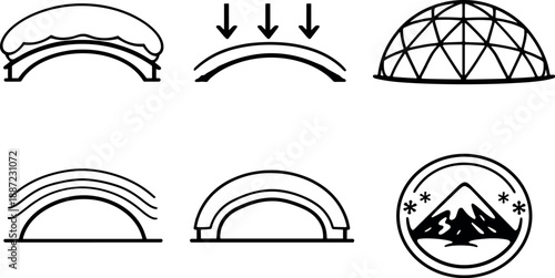 Snow Load Endurance Icons. Line style vector icons of snow-load endurance: heavy snow layer arc, downward pressure markers, strong