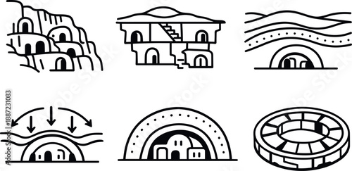 Cliffside and Underground Homes. Line style vector icons of cliffside and underground settlements for heat protection: carved rock