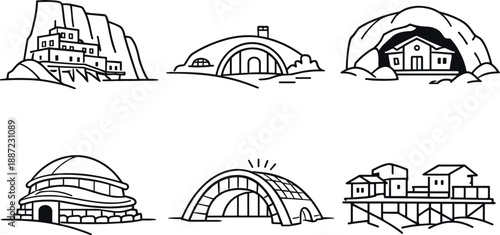 Ancient-Modern Shelters. Line style vector icons of ancient–modern hybrid shelters: cliff-house revival shape, earth-dwelling