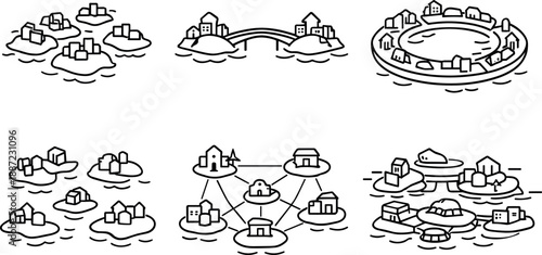 Archipelago Urban Planning Icons. Line style vector icons of archipelagic urban planning: clustered islet modules, connectivity