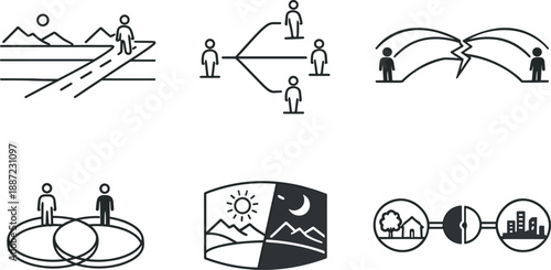Media Perception Icons. Line style vector icons of media-induced perceptual divergence: parallel story lanes, branching