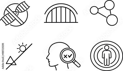 Genetic Risks Icons. Line style vector icons of genetic discrimination risks: redlined genome band, exclusion barrier arc, unequal