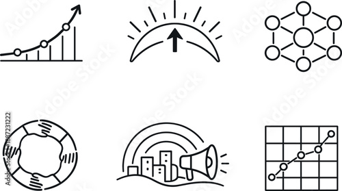 Openness Social Currency Icons. Line style vector icons of social currency of openness: reputation-growth curve, visibility boost
