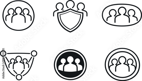 Protected Group Icons. Line style vector icons of protected-group identity: closed-circle silhouette, joint shield arc, unified