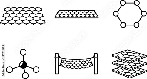 Graphene Icon Set. Line style icons of graphene basics: hexagonal lattice sheet, single-atom layer slice, honeycomb structure node