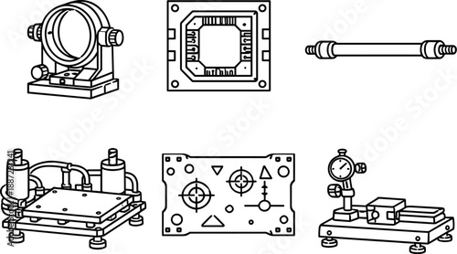 Engineering Line Icons. Line style icons of engineering applications: precision optical mount, semiconductor housing frame,