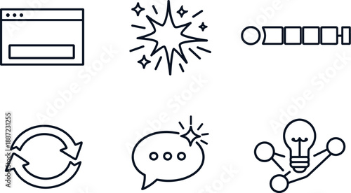Algorithmic Icon Set. Line style icons of algorithmic slang origins: model prompt box, generated phrase spark, token sequence
