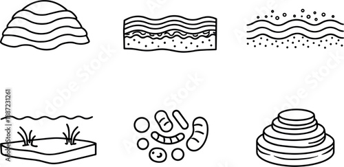 Stromatolite Icon Illustrations. Line style icons of stromatolite basics: layered dome structure, microbial mat slice, sediment