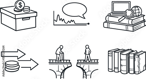 Preservation Challenges Icons. Line style icons of preservation challenges: underfunded archive box, low-activity speech graph,