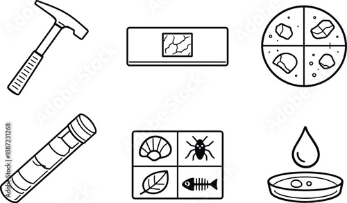 Scientific Tool Icons. Line style icons of scientific study tools: field sampling hammer, thin-section slide, microscope view
