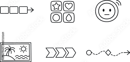 Emoji Syntax Icons. Line style icons of emoji structure and grammar: icon ordering strip, modifier block set, tone-shift marker,
