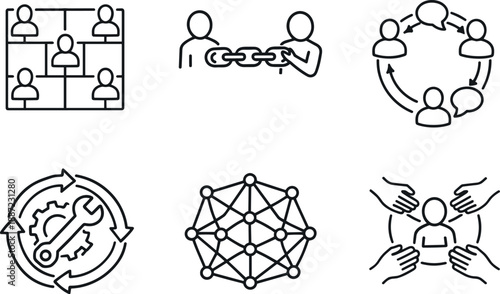Community Sustainability Icons. Line style icons of community-driven sustainability: distributed workload grid, mentoring chain,