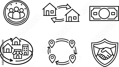 Local Currency Icons. Line style icons of local currency fundamentals: community coin symbol, neighborhood exchange arrows,