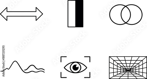 Visual Perception Icons. Line style icons of visual perception effects: depth misjudgment arrow, contrast shift bar, image