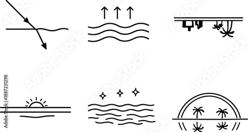 Mirage Line Icons. Line style icons of mirage fundamentals: refracted light ray, hot air layer, inverted image band, distant