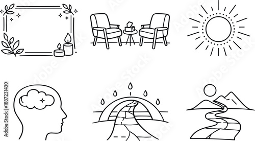 Therapeutic Icon Set. Line style icons of therapeutic context: supportive setting frame, guided-session chair pair, calm-light