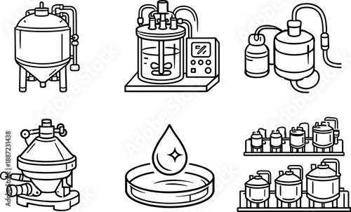 Industrial Line Icons. Line style icons of industrial use: stainless tank outline, controlled bioreactor tile, nutrient feed line,