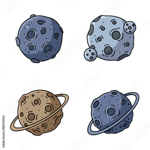 Four cartoon planets with craters and rings floating in space cosmic illustration.