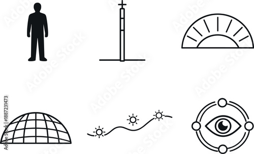 Observational Practices Icons. Line style icons of observational practices: standing observer silhouette, alignment pole outline,