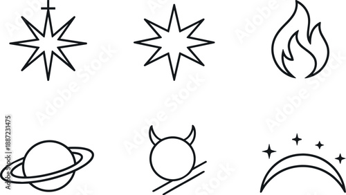 Planetary Symbol Icons. Line style icons of planetary symbolism: Jupiter star glyph, Venus eight-point symbol, Mars flame icon,